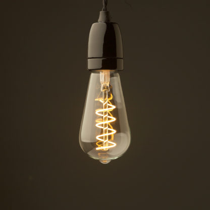 Edison style light bulb and E27 black fine porcelain pendant ST64 spiral LED