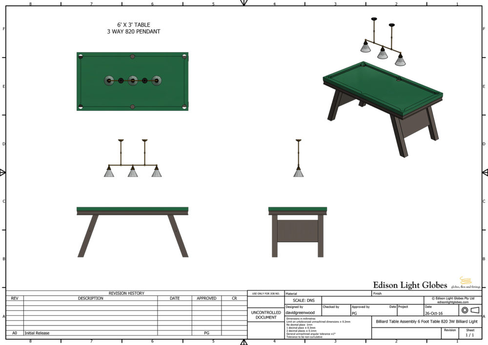 6? x 3’ table with single 3 lamp 820mm light
