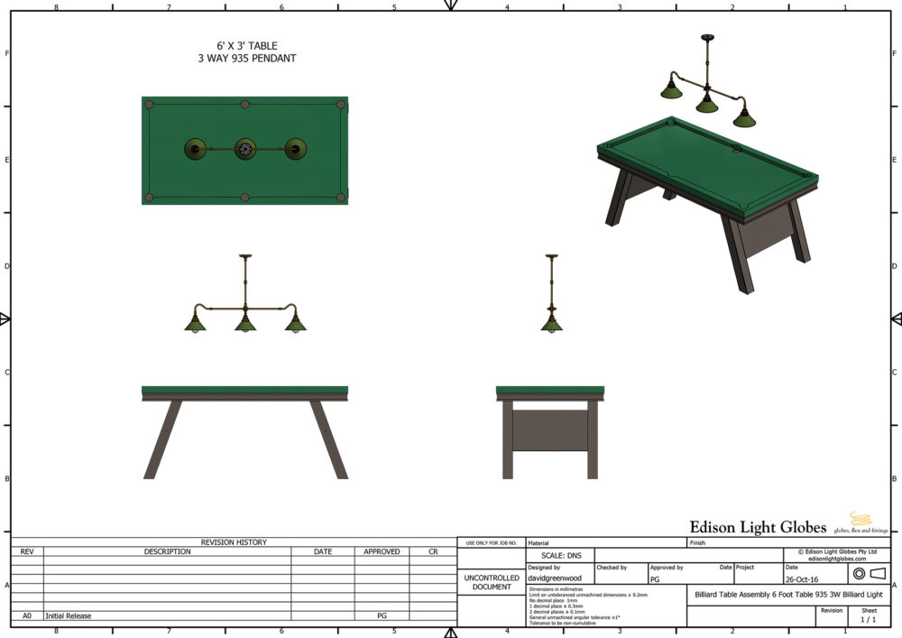 6 x 3 table with single 3 lamp 935mm light