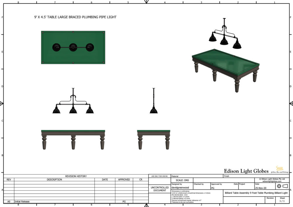 9' X 4' 6" table with one 3 lamp braced plumbing pipe billiard table light