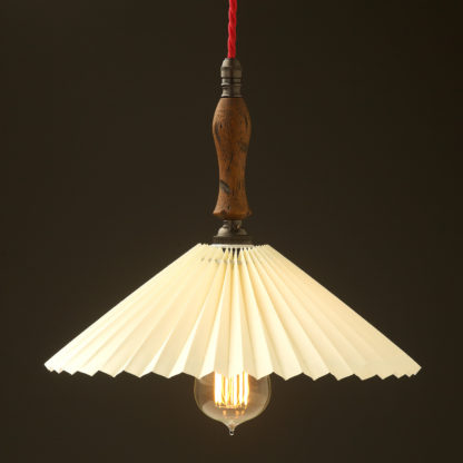 Antiqued wooden handle pleated paper shade pendant bronze hardware