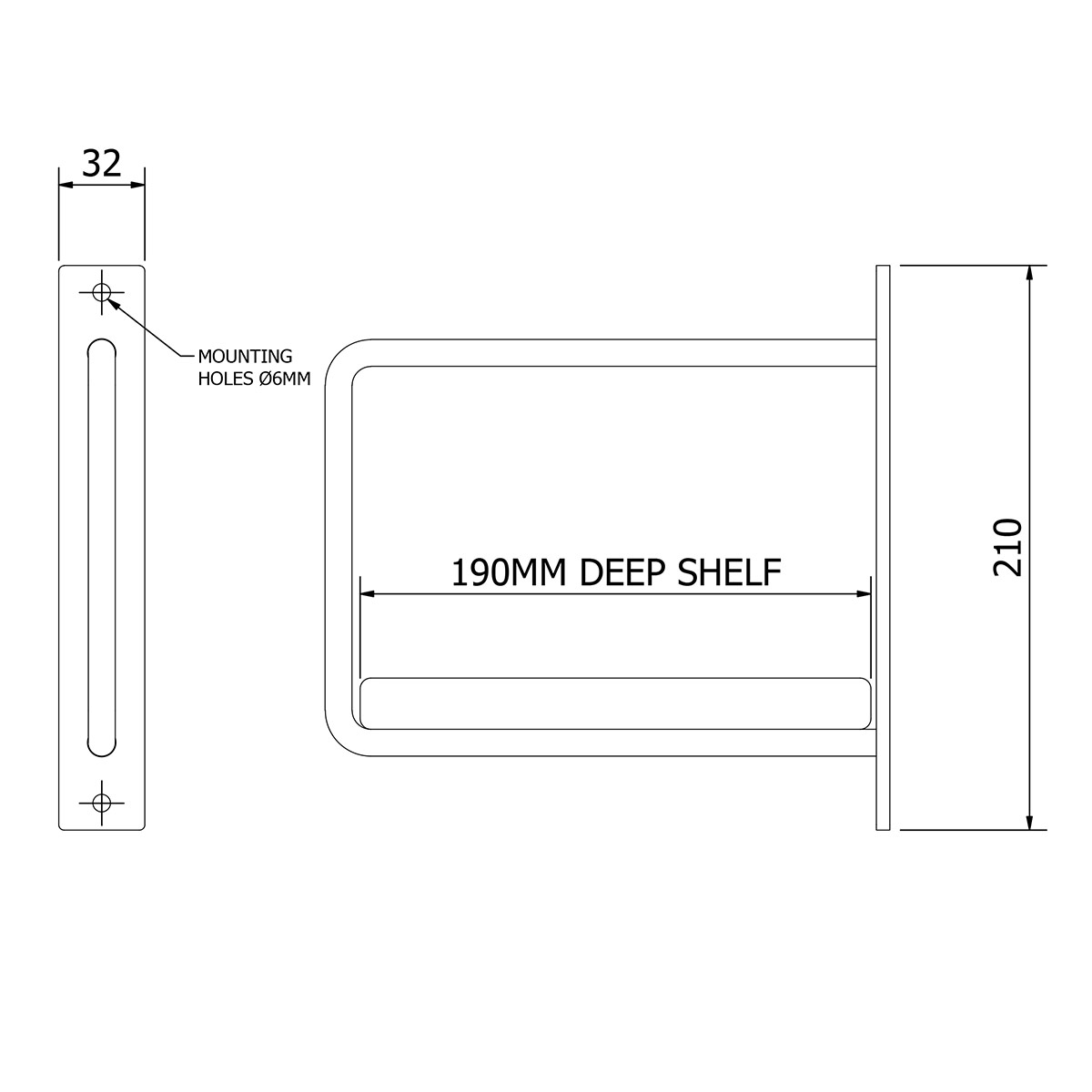 D Shelf Bracket 190mm Dimensions