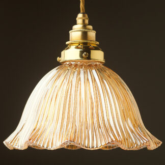 Large Amber fluted Holophane glass dome pendant new brass