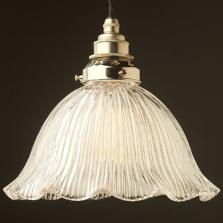 Large fluted Holophane glass dome pendant nickel
