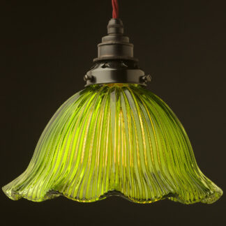 Large Green fluted Holophane glass dome pendant bronze