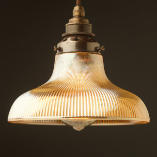 Medium Amber Holophane glass dish light shade pendant antique brass